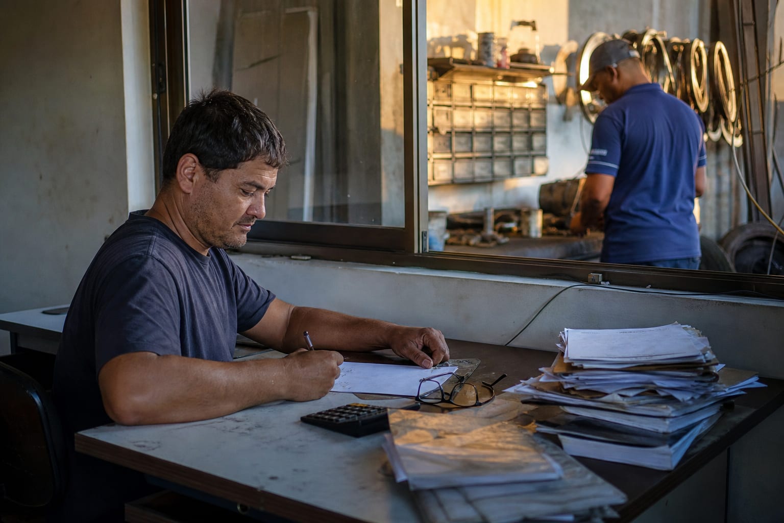 Mesa de escritório de locadora com pasta de contratos e calculadora, com o pátio de equipamentos visível pela janela