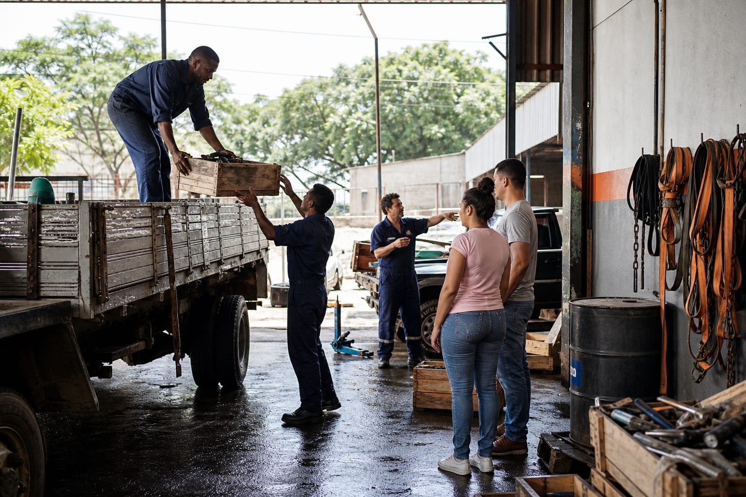 Caminhão de carroceria sendo carregado com andaimes e escoras em manhã movimentada de locadora