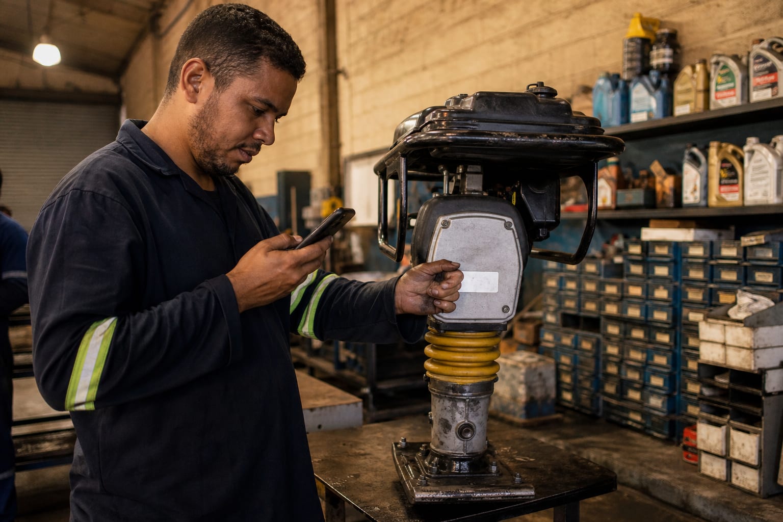 Funcionário lendo com o celular uma etiqueta colada em um compactador de solo dentro do pátio