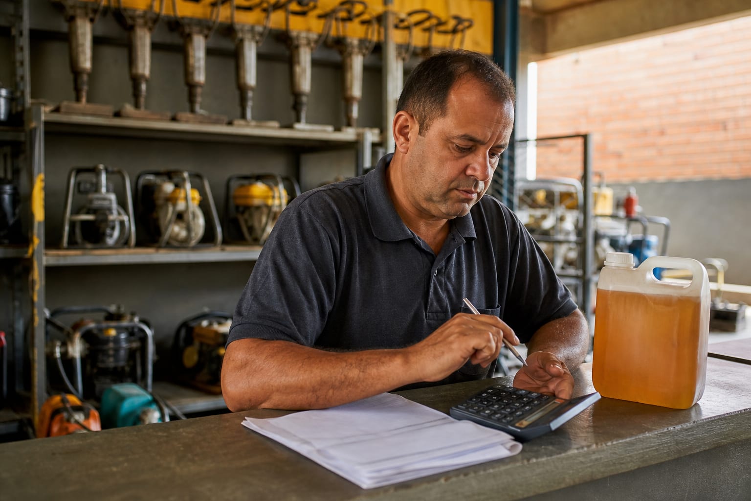 Dono de locadora fazendo contas em calculadora de mesa com o depósito de equipamentos ao fundo