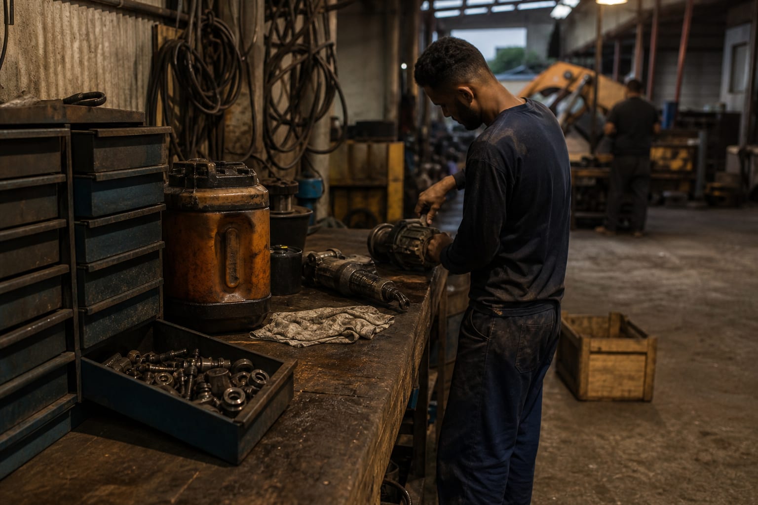 Pátio de locadora de equipamentos no início da manhã, com torres de andaime galvanizado empilhadas, betoneira azul e funcionário conferindo peças com prancheta